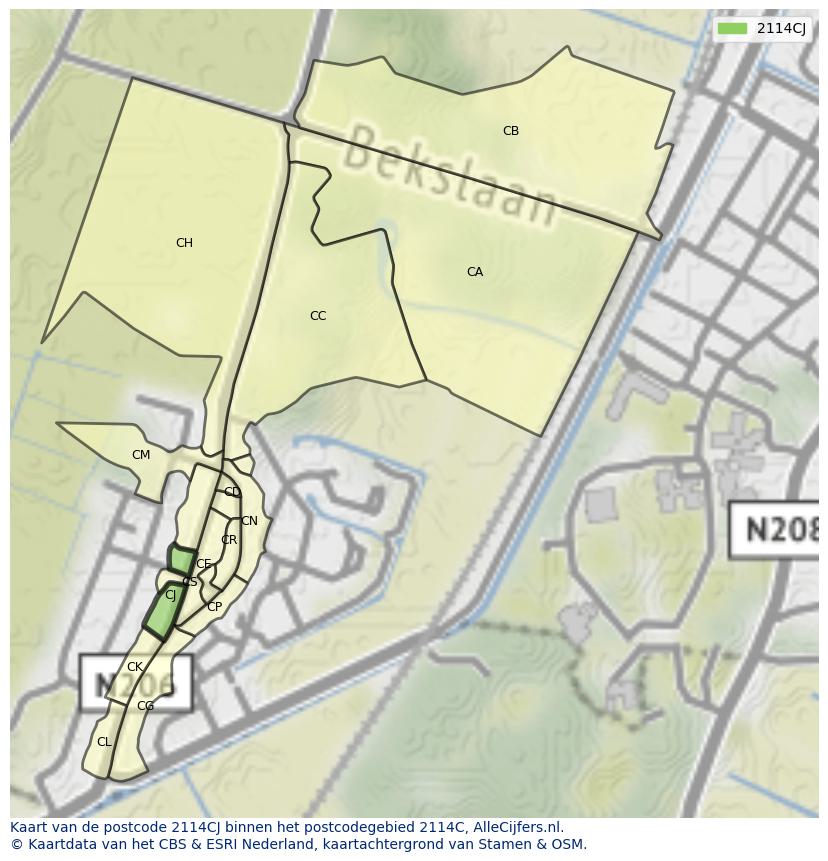 Afbeelding van het postcodegebied 2114 CJ op de kaart.