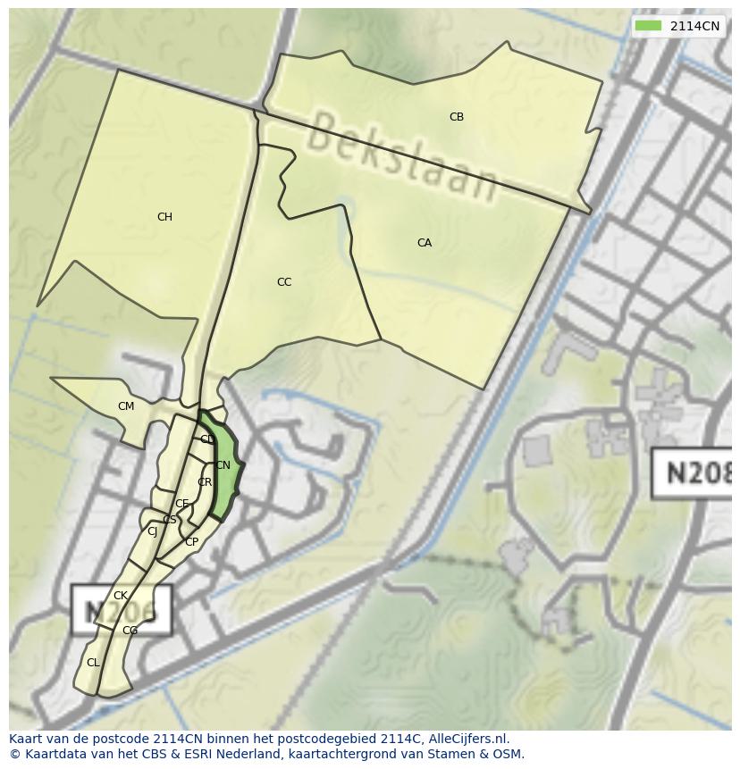 Afbeelding van het postcodegebied 2114 CN op de kaart.