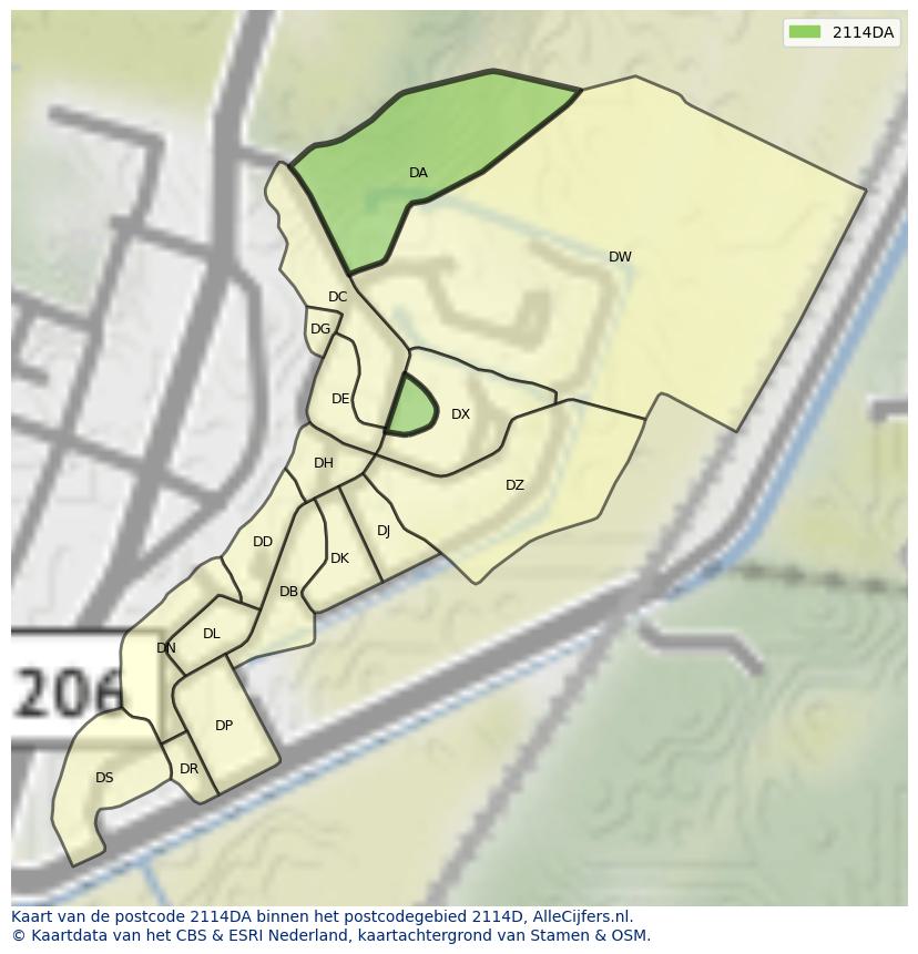 Afbeelding van het postcodegebied 2114 DA op de kaart.