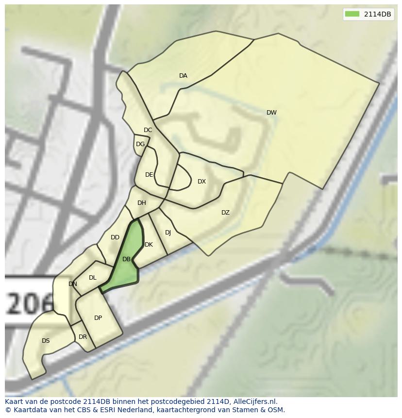 Afbeelding van het postcodegebied 2114 DB op de kaart.
