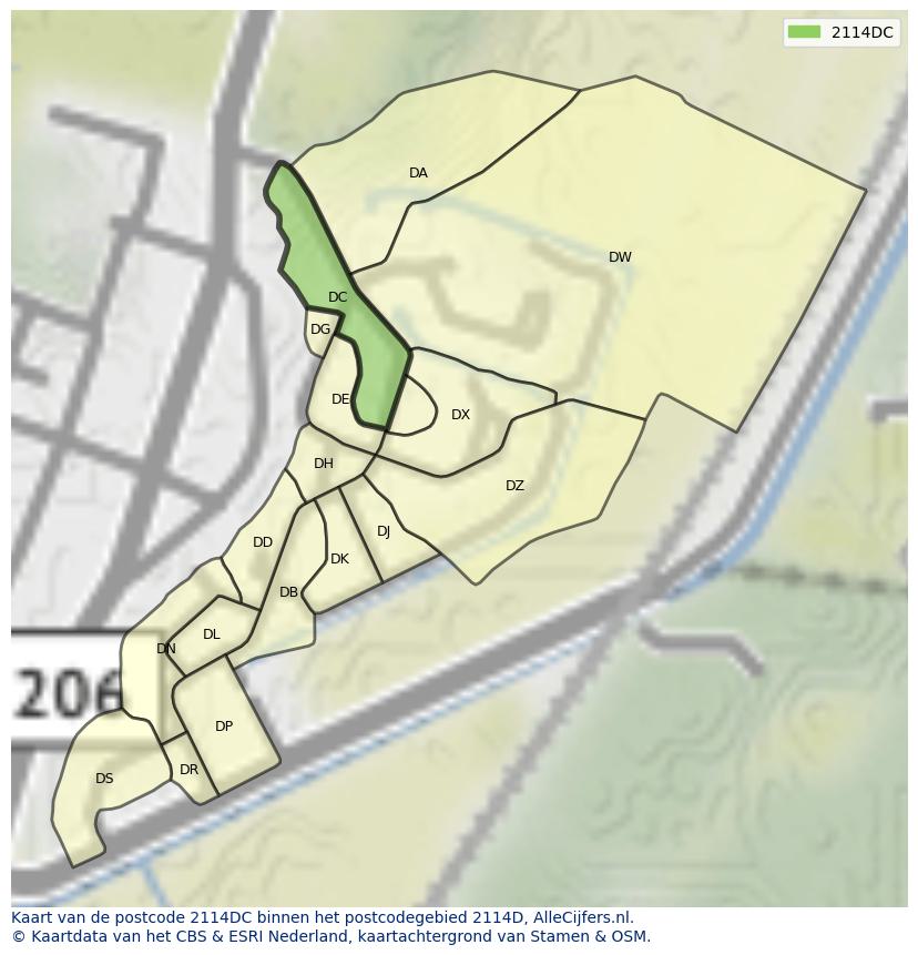 Afbeelding van het postcodegebied 2114 DC op de kaart.