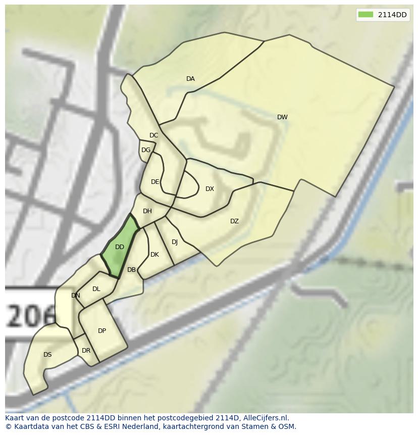 Afbeelding van het postcodegebied 2114 DD op de kaart.