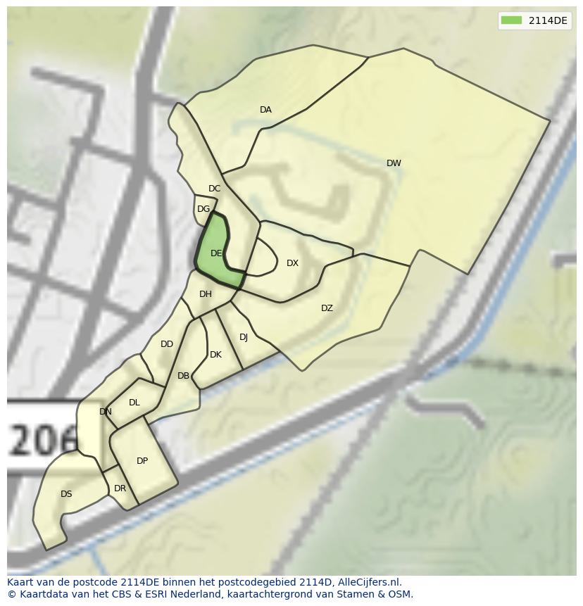Afbeelding van het postcodegebied 2114 DE op de kaart.