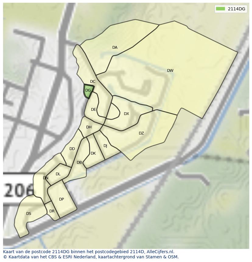 Afbeelding van het postcodegebied 2114 DG op de kaart.