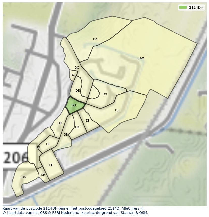 Afbeelding van het postcodegebied 2114 DH op de kaart.