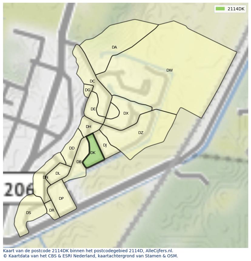 Afbeelding van het postcodegebied 2114 DK op de kaart.