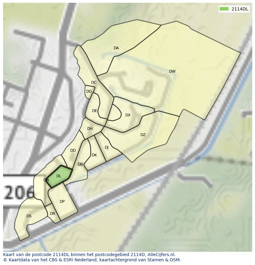 Afbeelding van het postcodegebied 2114 DL op de kaart.