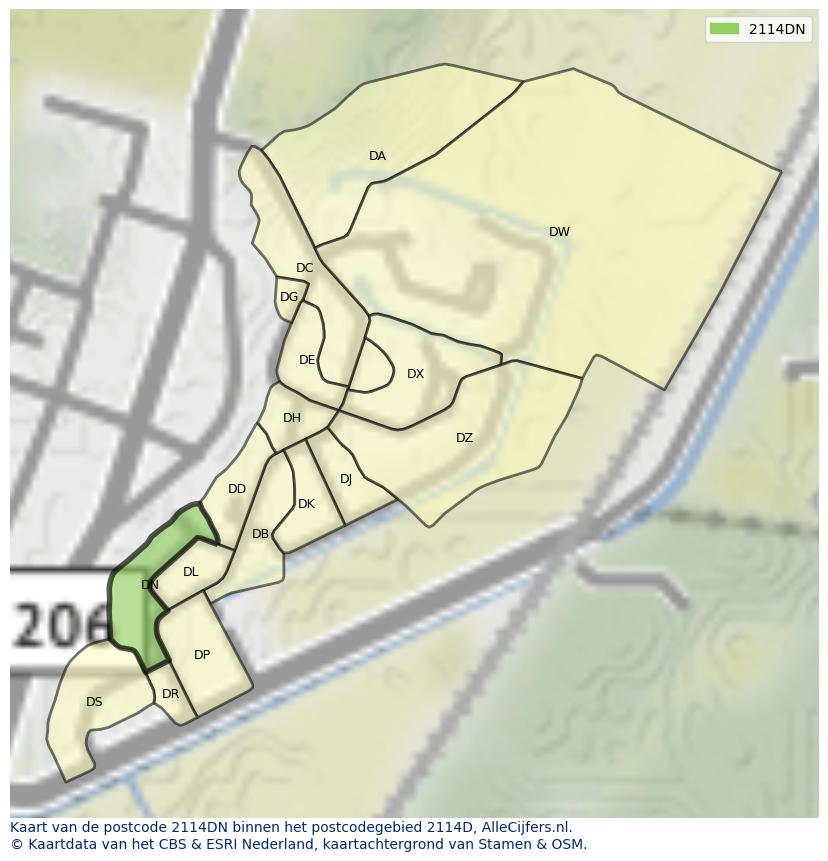 Afbeelding van het postcodegebied 2114 DN op de kaart.