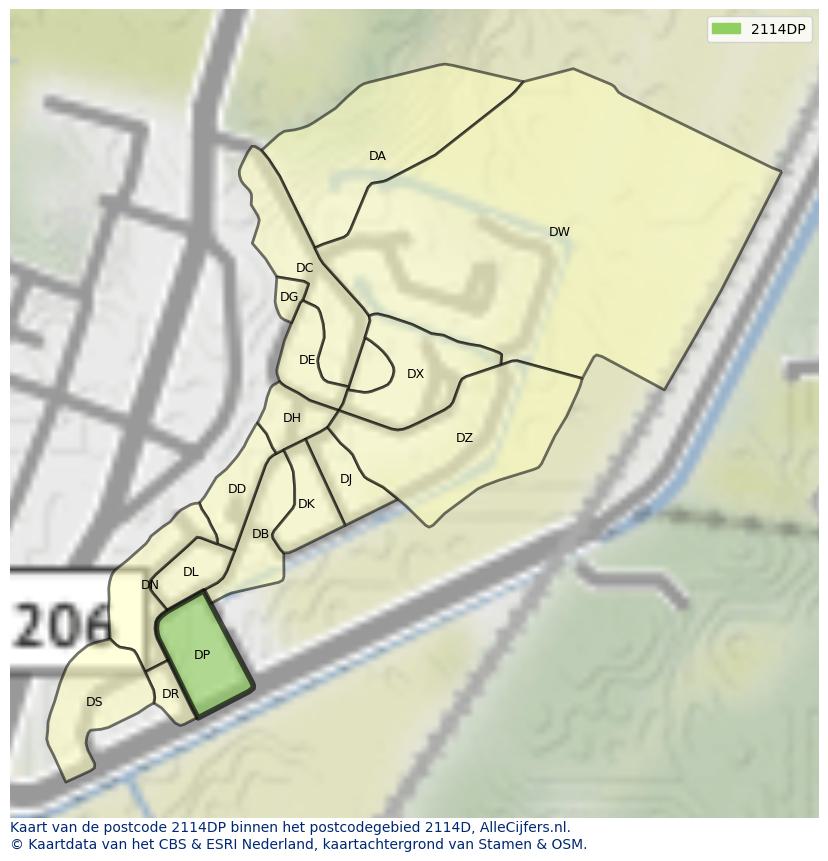 Afbeelding van het postcodegebied 2114 DP op de kaart.