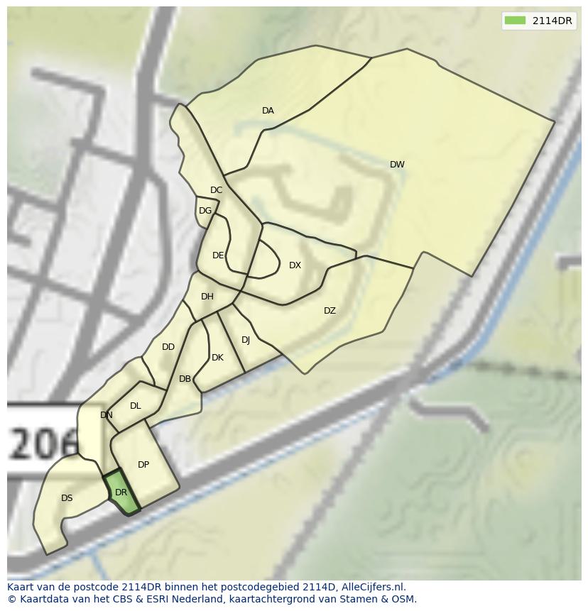 Afbeelding van het postcodegebied 2114 DR op de kaart.
