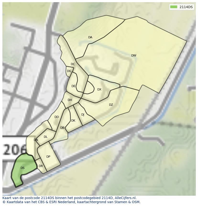 Afbeelding van het postcodegebied 2114 DS op de kaart.
