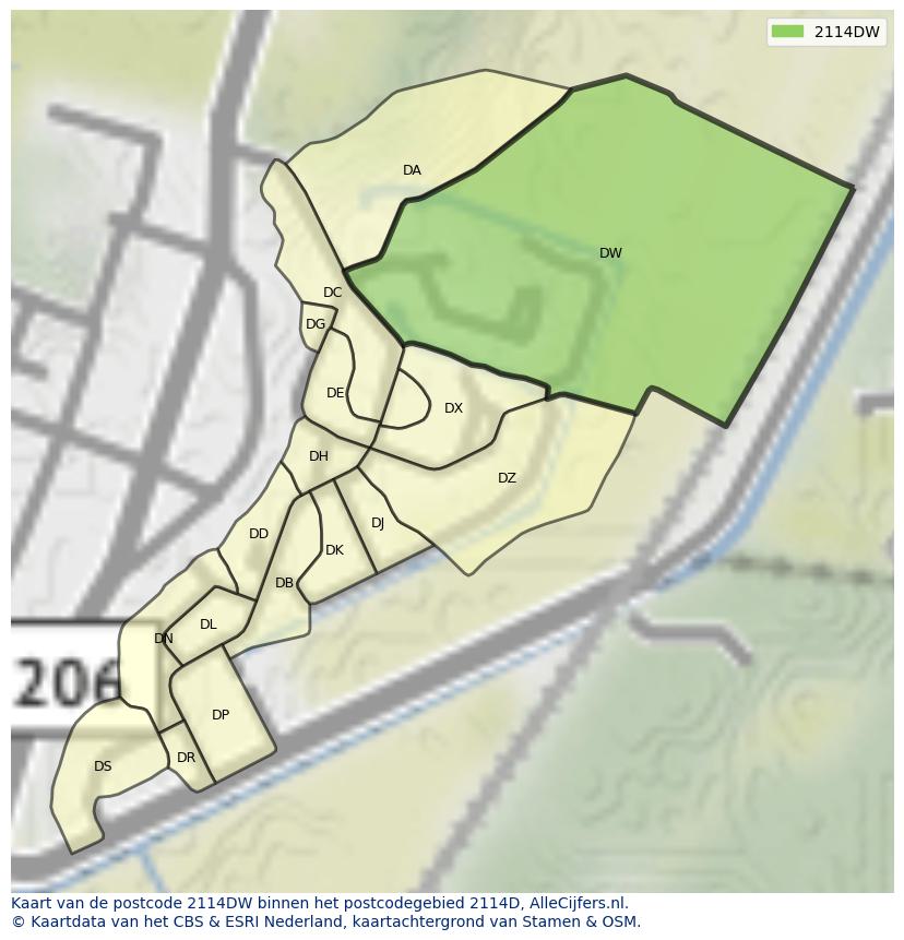 Afbeelding van het postcodegebied 2114 DW op de kaart.