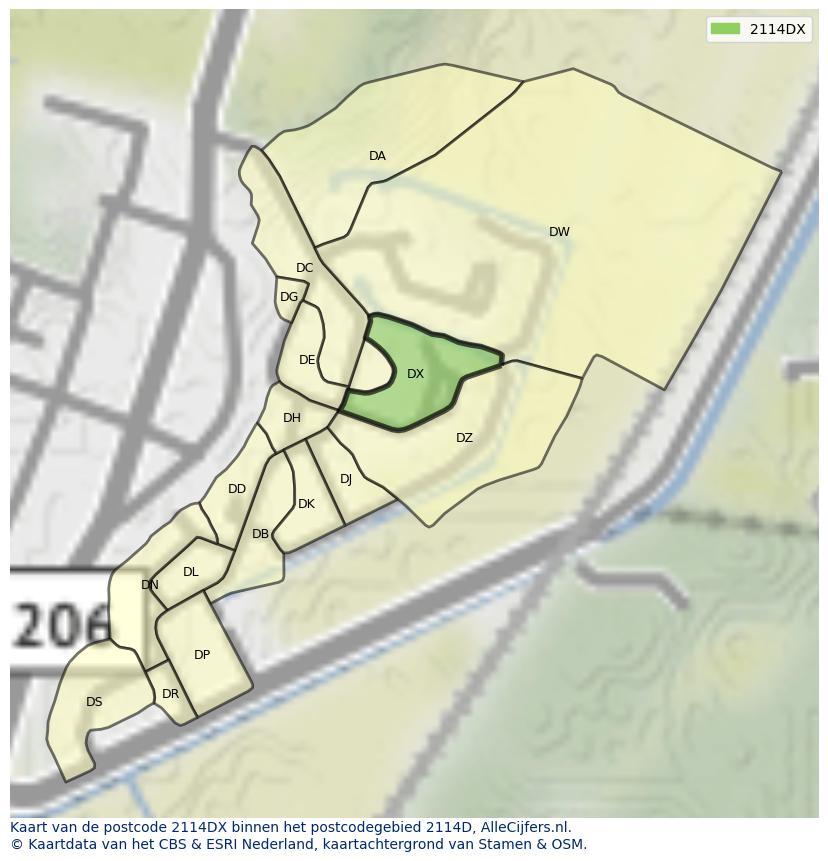 Afbeelding van het postcodegebied 2114 DX op de kaart.