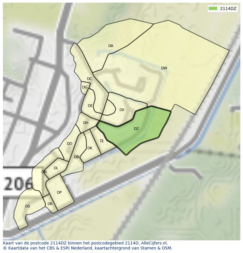 Afbeelding van het postcodegebied 2114 DZ op de kaart.