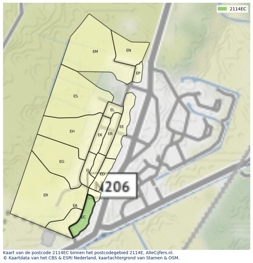 Afbeelding van het postcodegebied 2114 EC op de kaart.