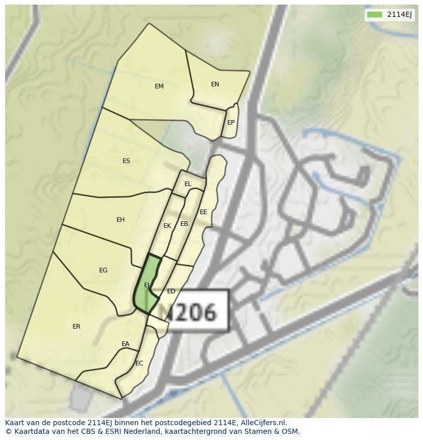 Afbeelding van het postcodegebied 2114 EJ op de kaart.