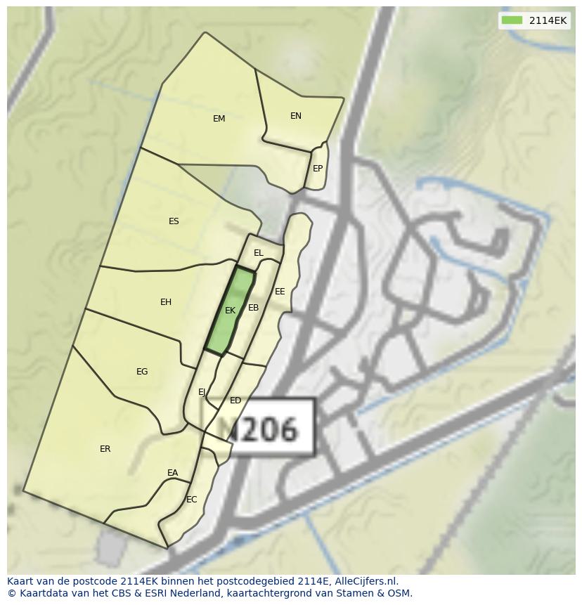 Afbeelding van het postcodegebied 2114 EK op de kaart.