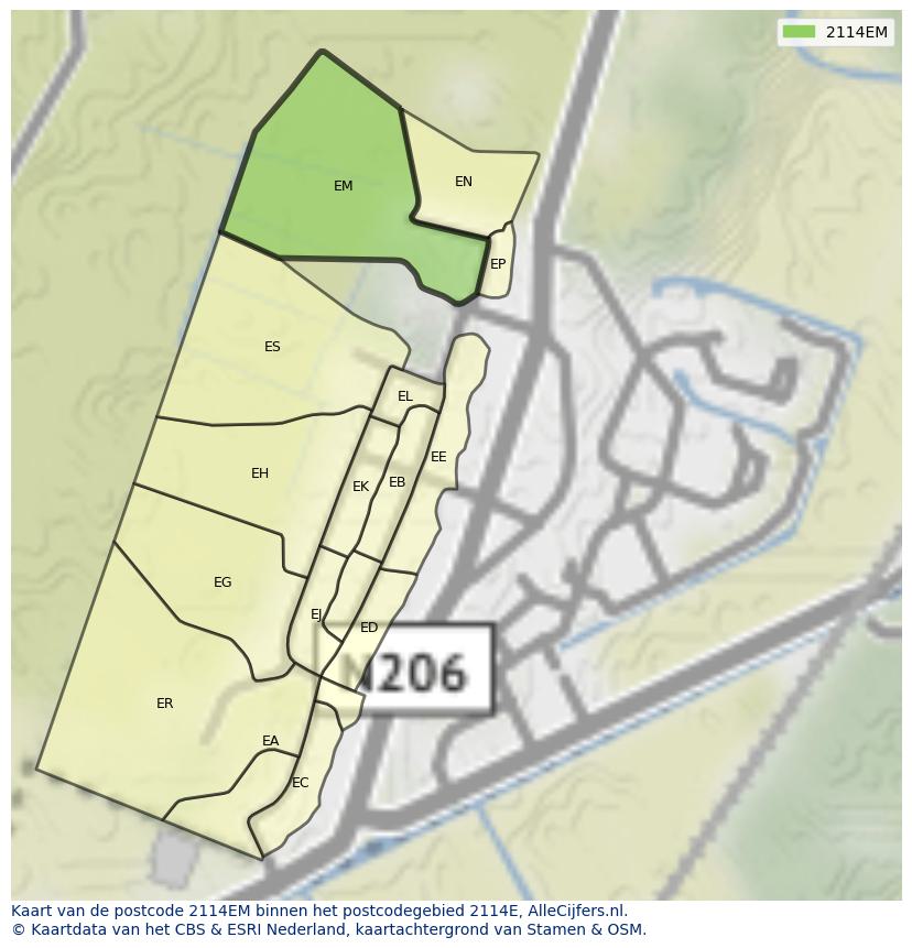 Afbeelding van het postcodegebied 2114 EM op de kaart.