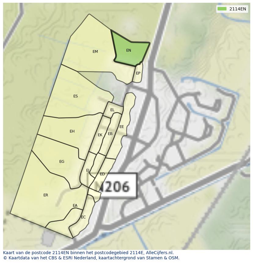 Afbeelding van het postcodegebied 2114 EN op de kaart.