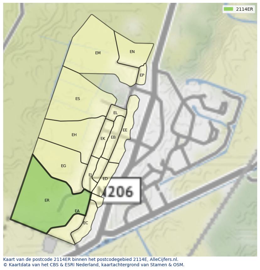 Afbeelding van het postcodegebied 2114 ER op de kaart.
