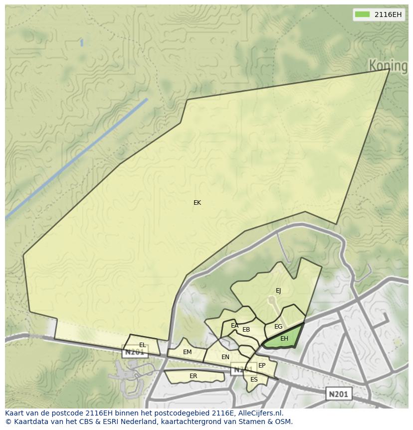 Afbeelding van het postcodegebied 2116 EH op de kaart.