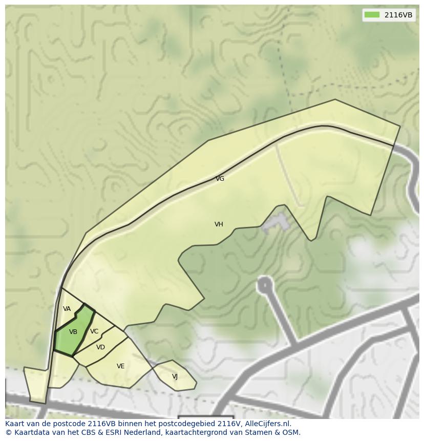 Afbeelding van het postcodegebied 2116 VB op de kaart.
