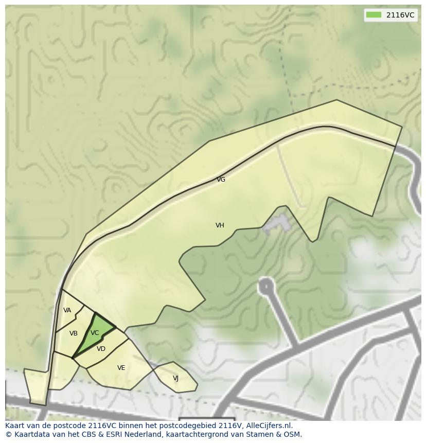 Afbeelding van het postcodegebied 2116 VC op de kaart.