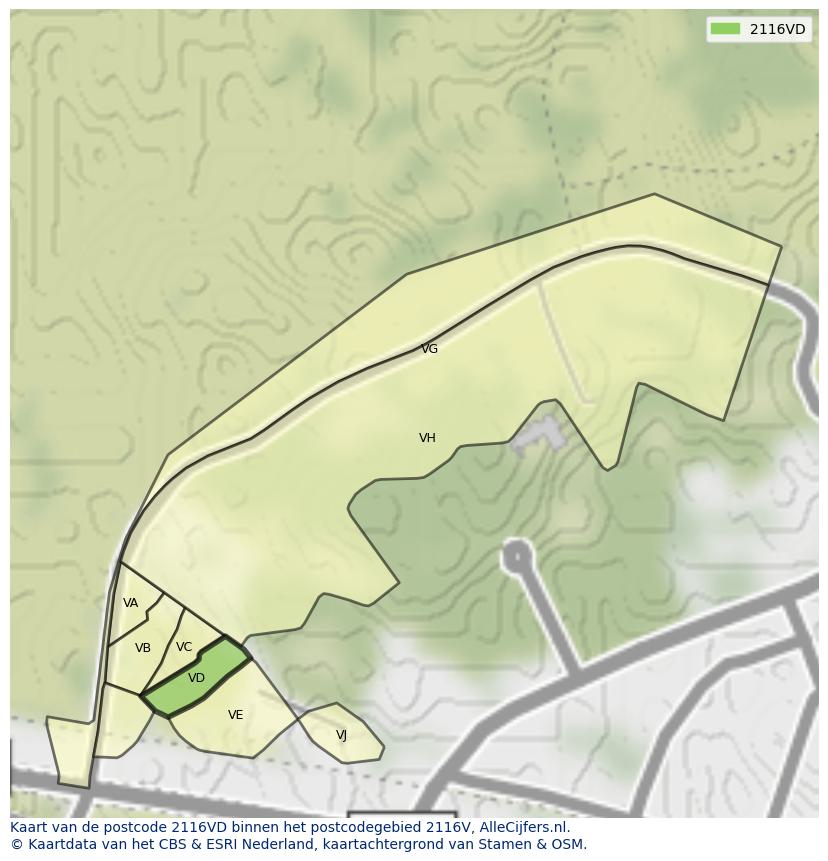 Afbeelding van het postcodegebied 2116 VD op de kaart.