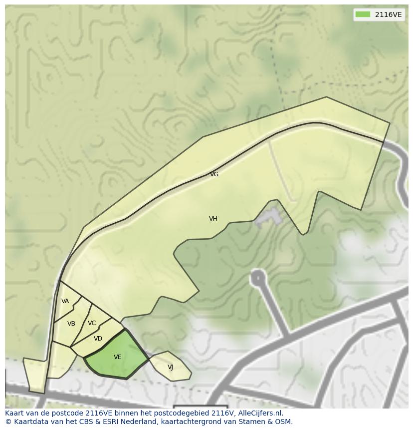 Afbeelding van het postcodegebied 2116 VE op de kaart.