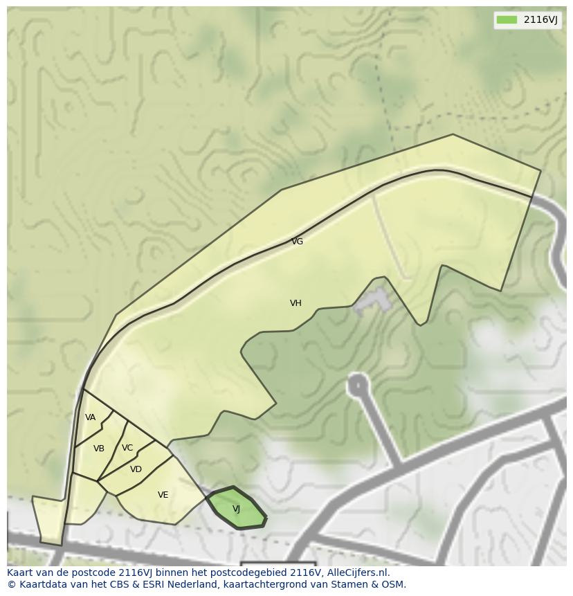 Afbeelding van het postcodegebied 2116 VJ op de kaart.