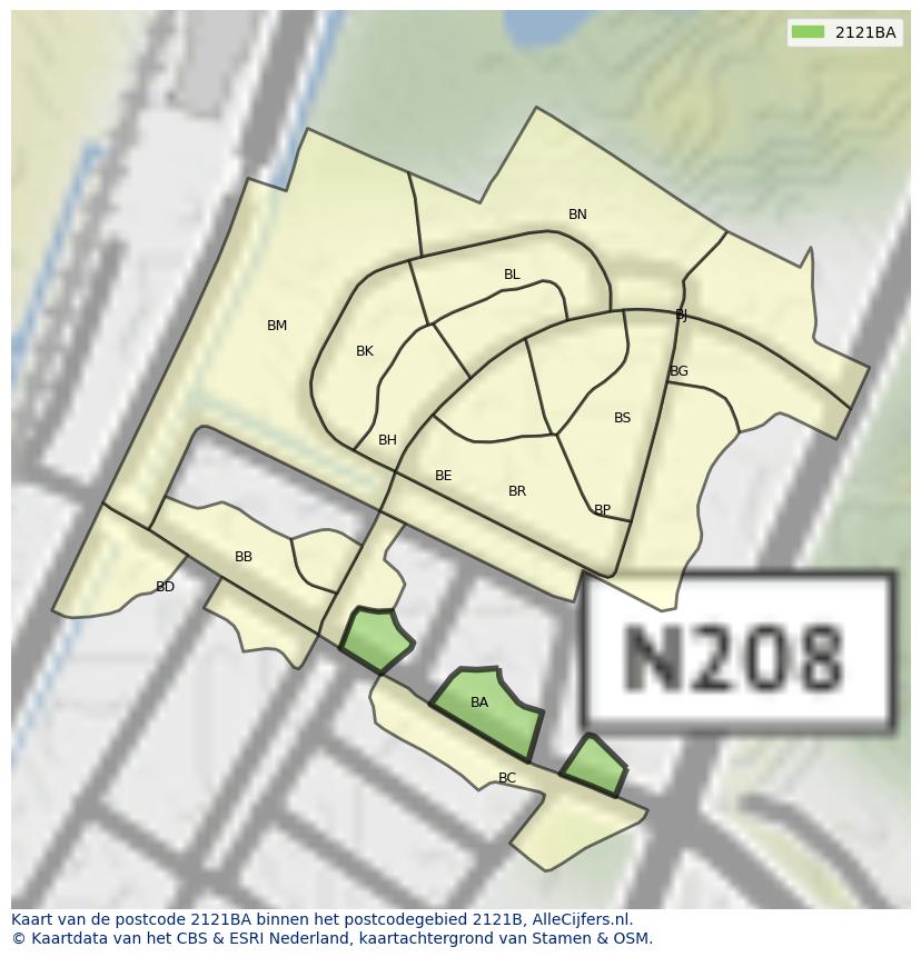 Afbeelding van het postcodegebied 2121 BA op de kaart.
