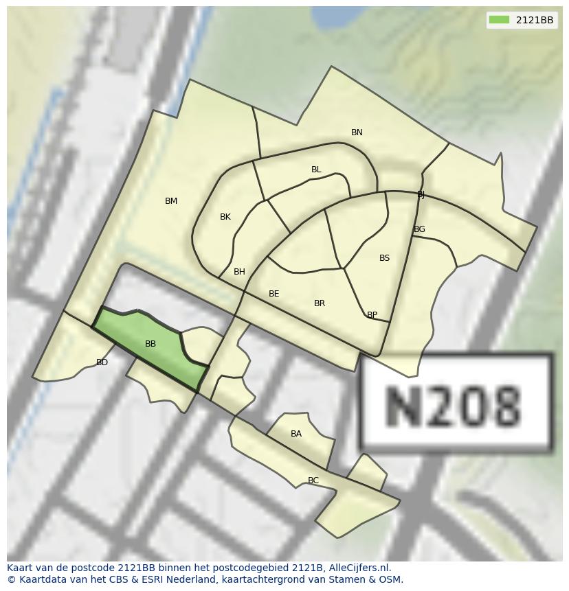 Afbeelding van het postcodegebied 2121 BB op de kaart.