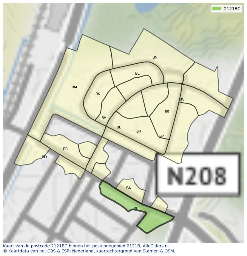 Afbeelding van het postcodegebied 2121 BC op de kaart.