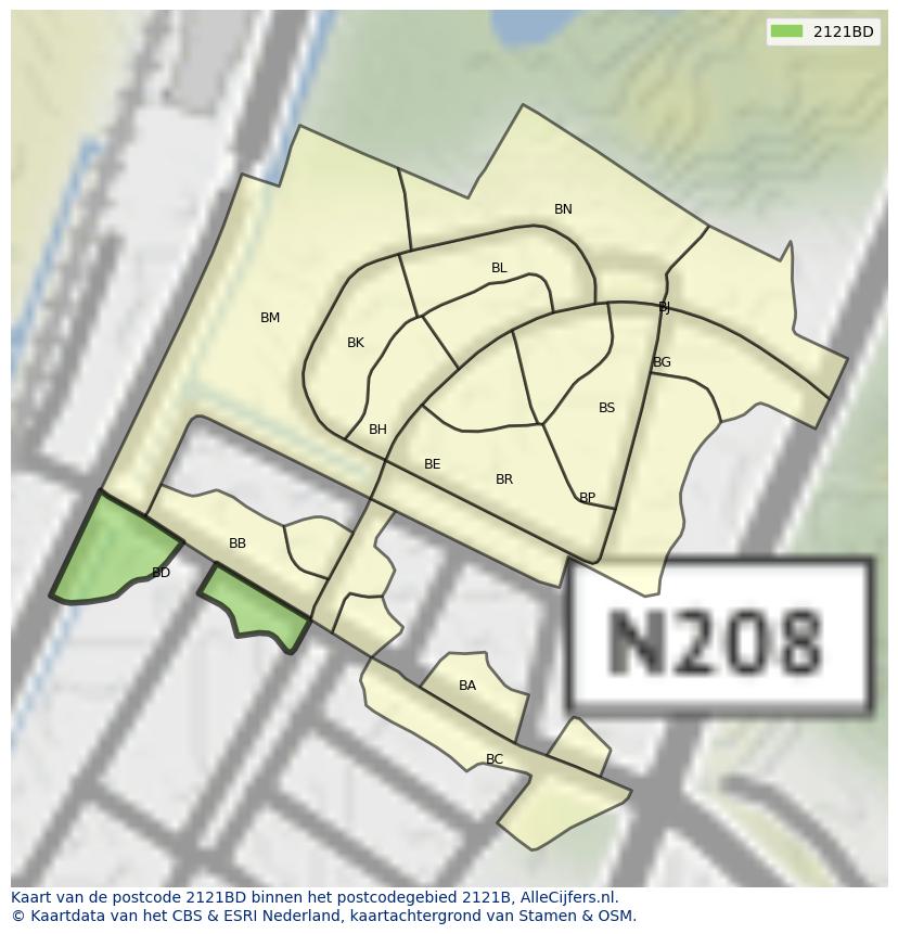Afbeelding van het postcodegebied 2121 BD op de kaart.