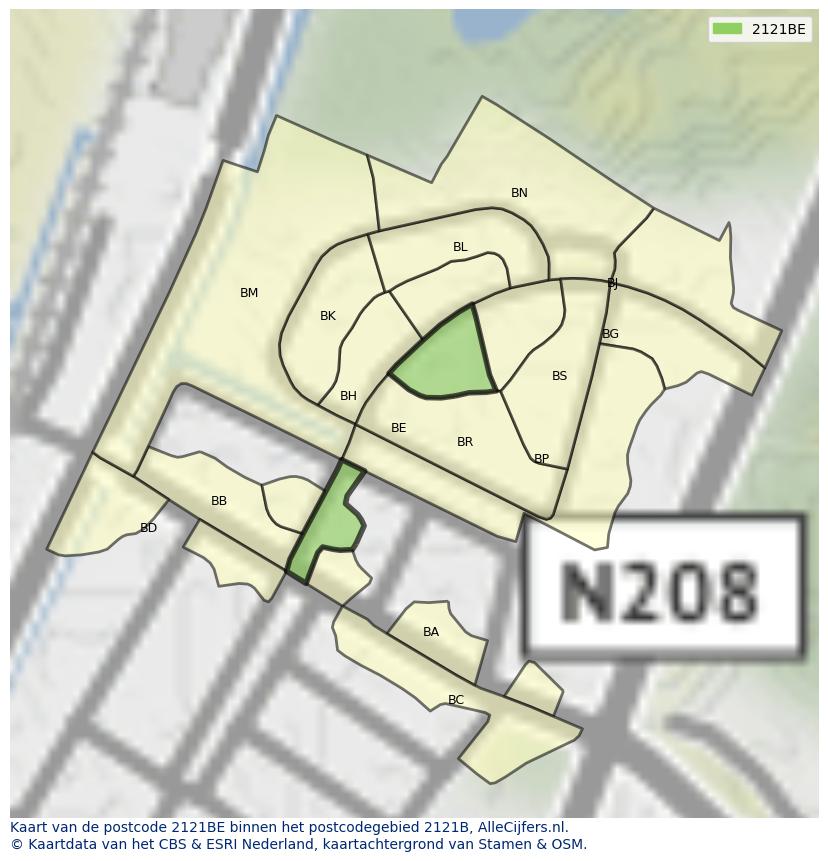 Afbeelding van het postcodegebied 2121 BE op de kaart.