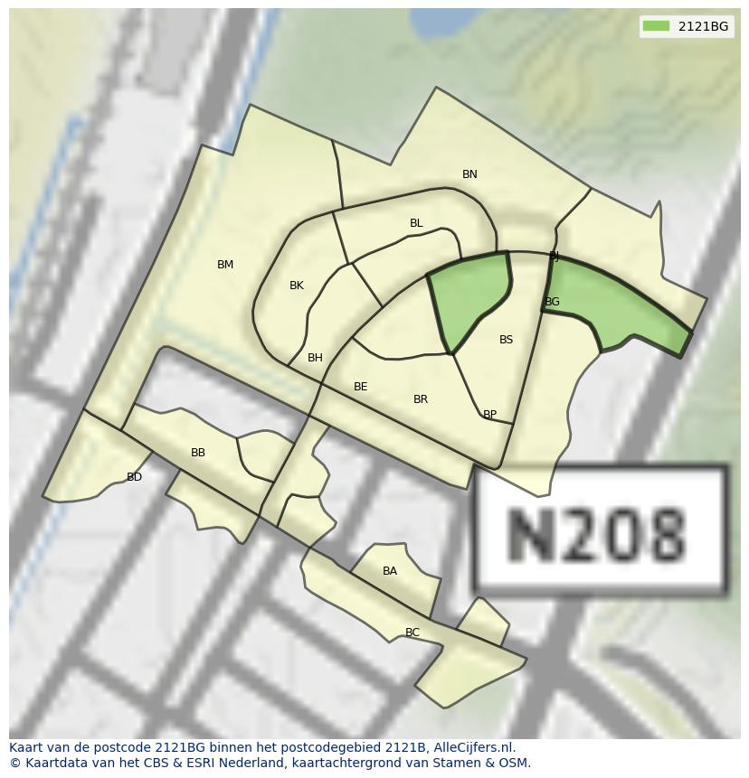Afbeelding van het postcodegebied 2121 BG op de kaart.