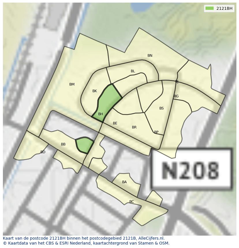 Afbeelding van het postcodegebied 2121 BH op de kaart.