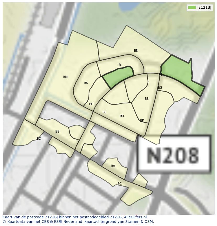 Afbeelding van het postcodegebied 2121 BJ op de kaart.
