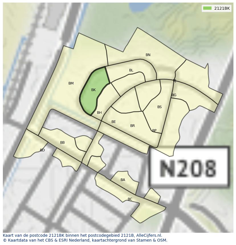 Afbeelding van het postcodegebied 2121 BK op de kaart.
