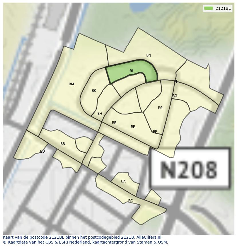 Afbeelding van het postcodegebied 2121 BL op de kaart.
