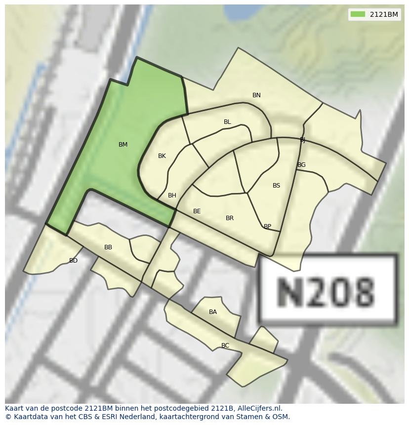 Afbeelding van het postcodegebied 2121 BM op de kaart.