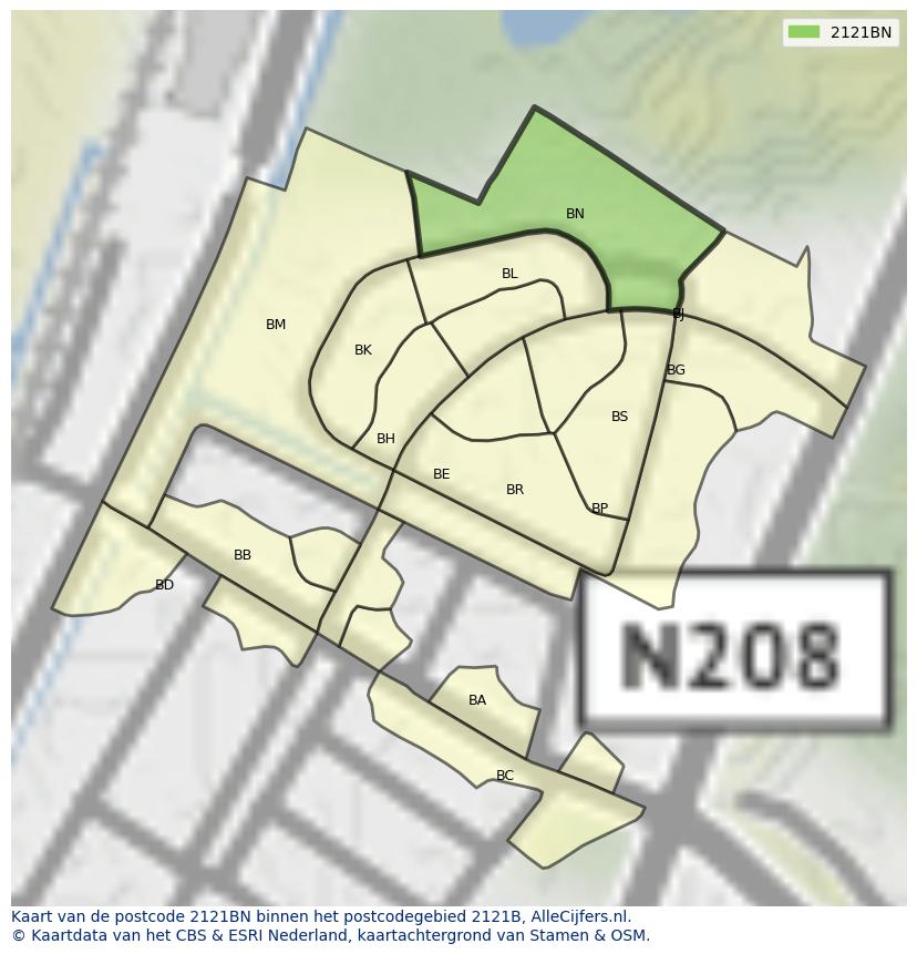 Afbeelding van het postcodegebied 2121 BN op de kaart.