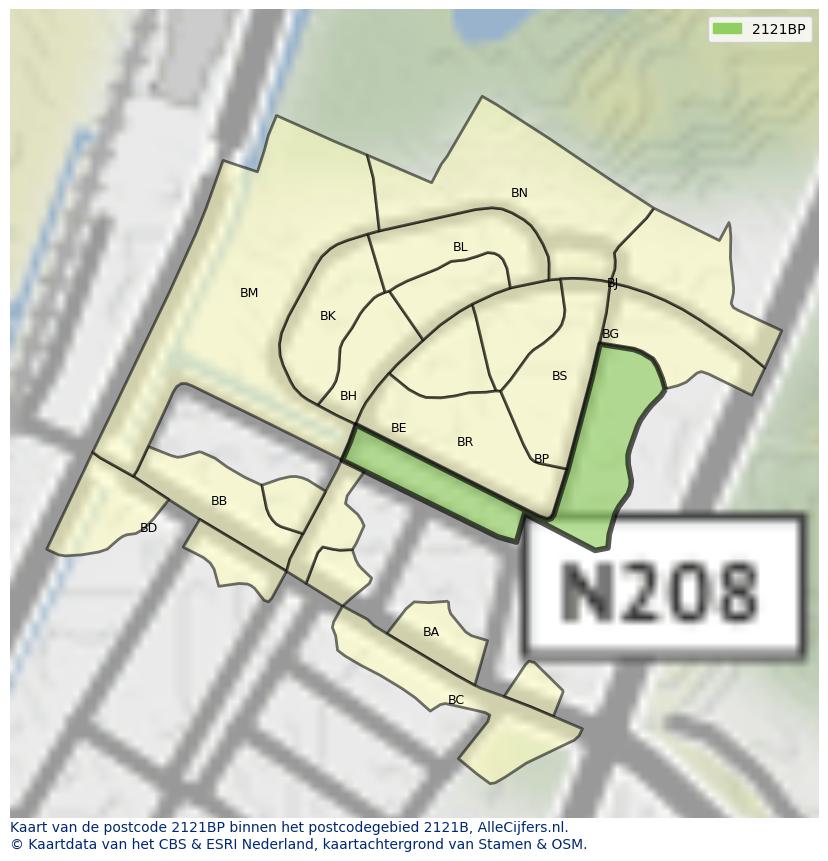Afbeelding van het postcodegebied 2121 BP op de kaart.