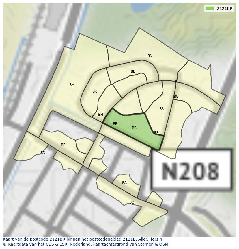 Afbeelding van het postcodegebied 2121 BR op de kaart.