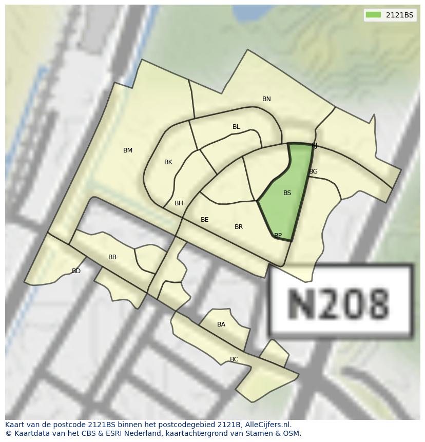 Afbeelding van het postcodegebied 2121 BS op de kaart.