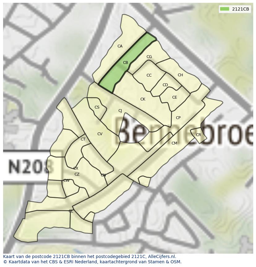 Afbeelding van het postcodegebied 2121 CB op de kaart.