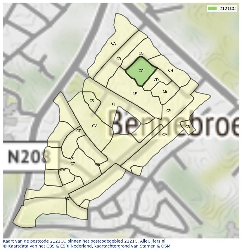 Afbeelding van het postcodegebied 2121 CC op de kaart.