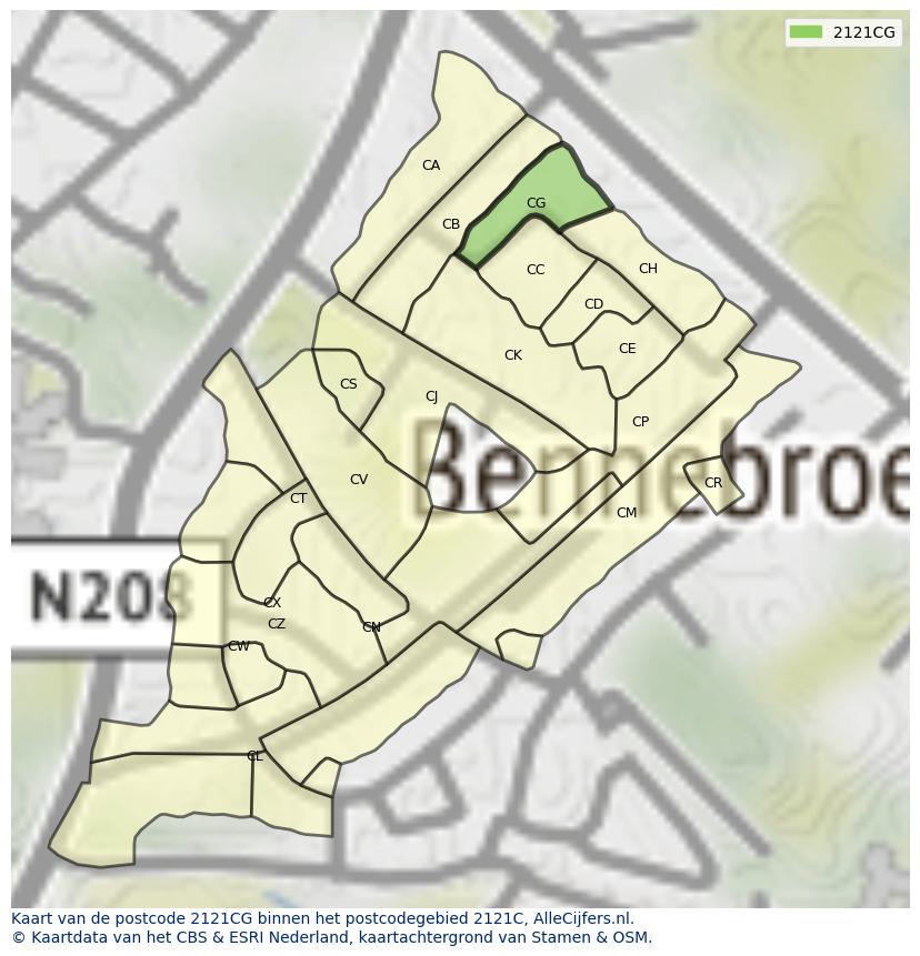 Afbeelding van het postcodegebied 2121 CG op de kaart.