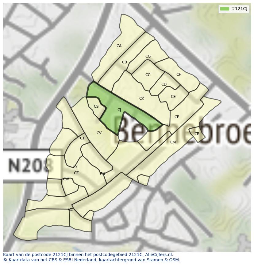 Afbeelding van het postcodegebied 2121 CJ op de kaart.