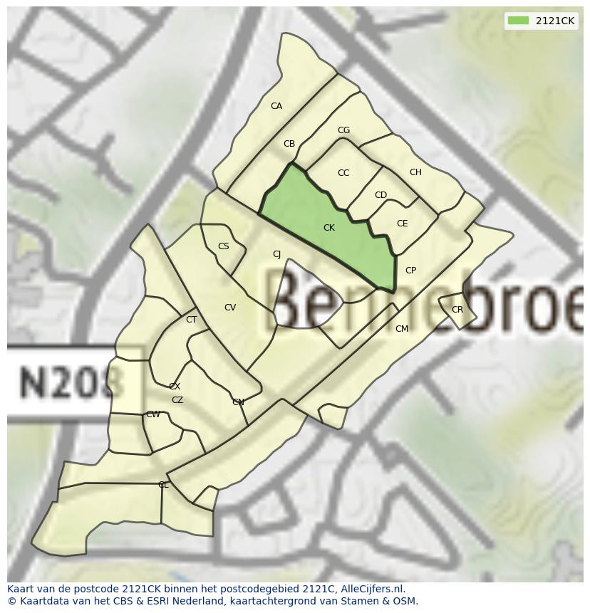Afbeelding van het postcodegebied 2121 CK op de kaart.